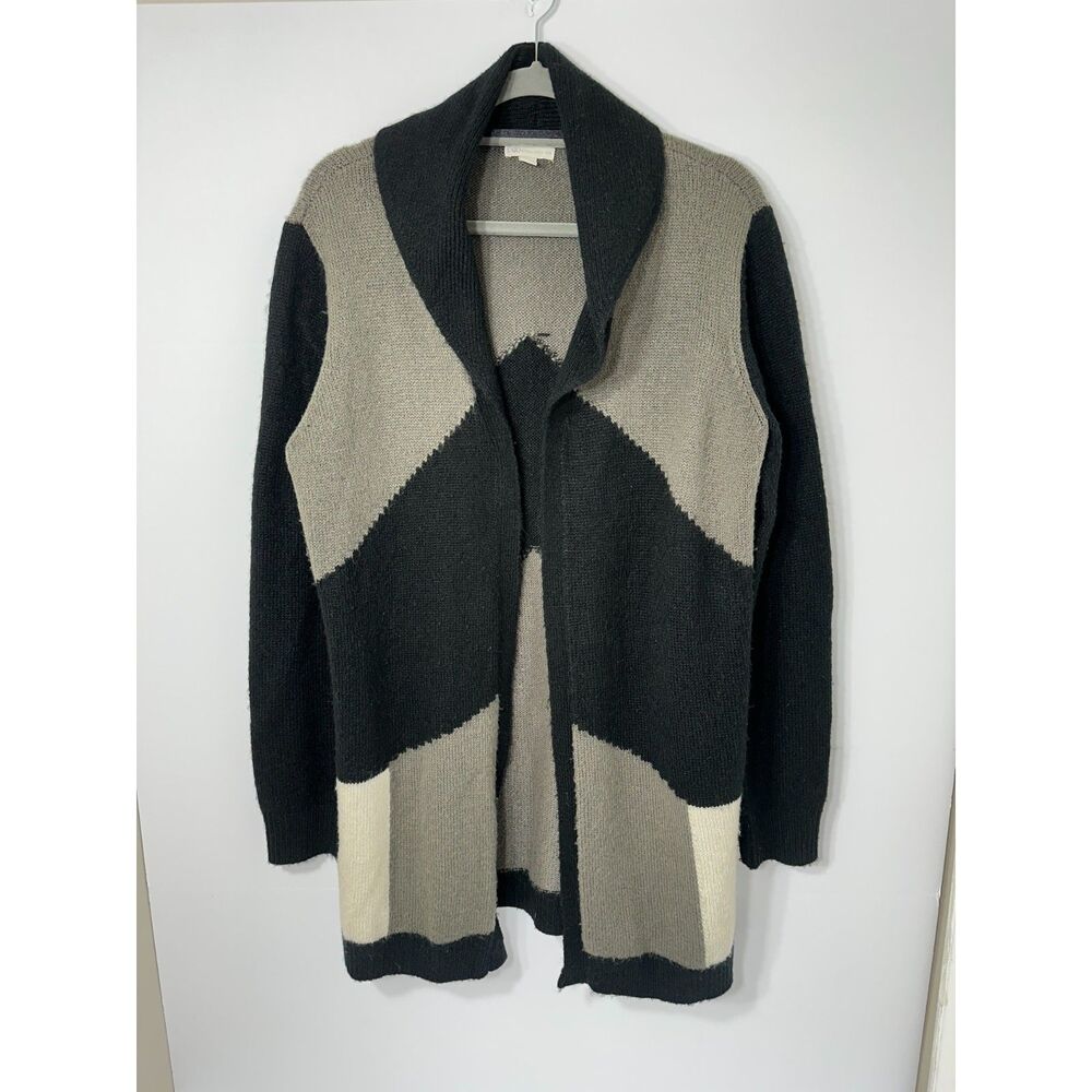 Cato Women’s Large Black Gray Cream Geometric Open Front Cardigan Sweater